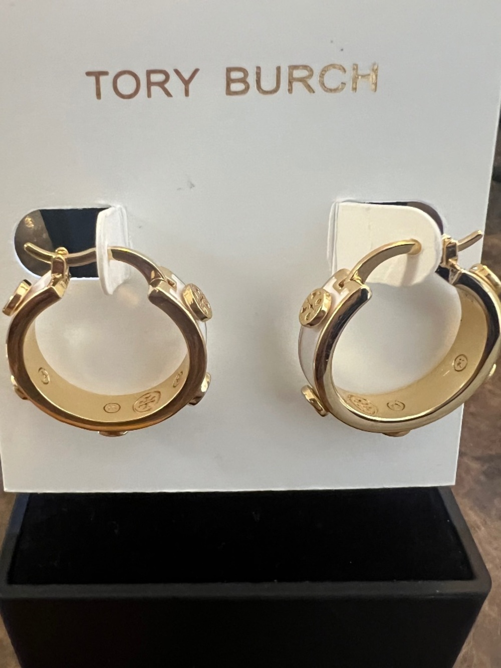 NWT Tory Burch Gold and White Small Hoop Earrings - Picture 2 of 7